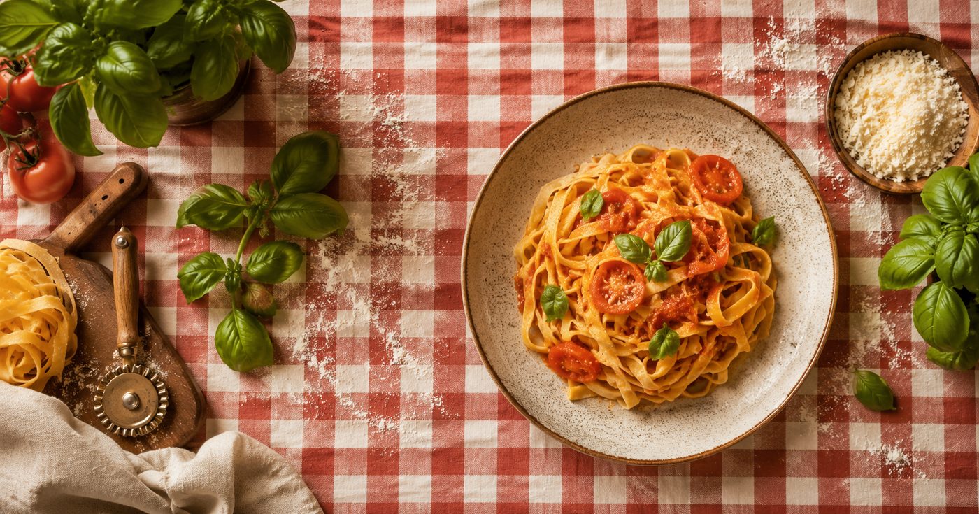 Assiette de tagliatelle sauce tomate et basilic frais